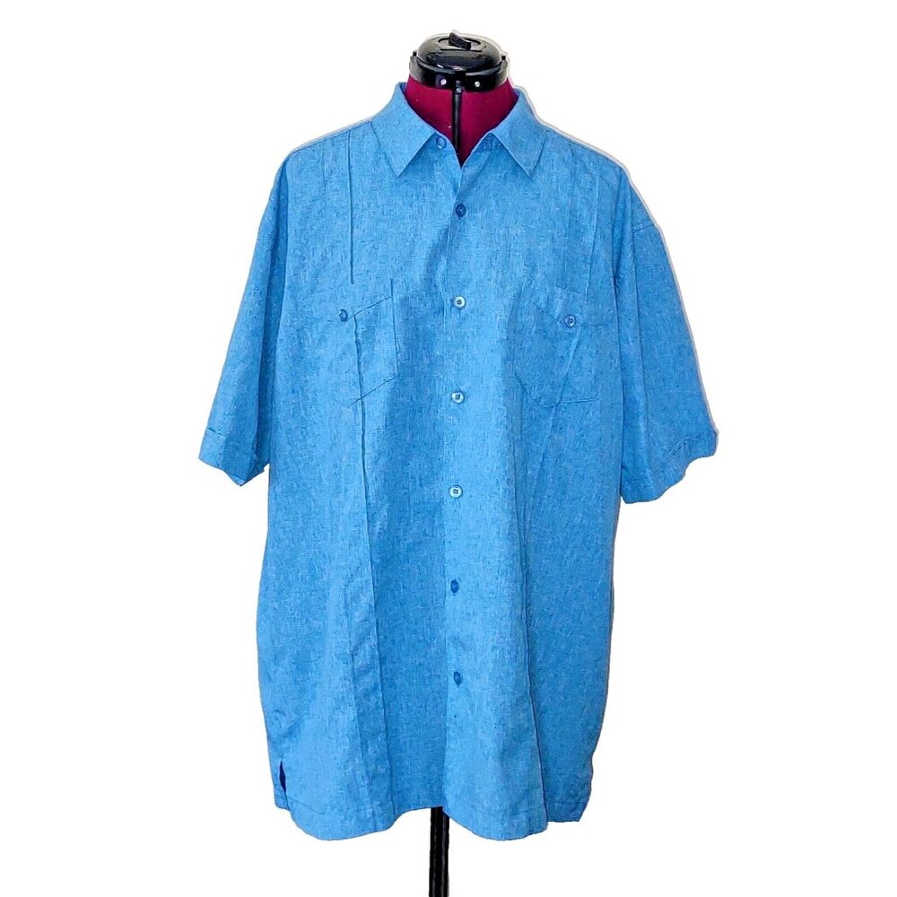 Cubavera Button Front Shirt Blue Men’s XL Double Pintuck Two Pocket Short Sleeve